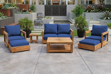 7 pc Chatsworth Teak Outdoor Loveseat Seating Set with Coffee Table. Sunbrella Cushion