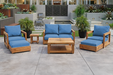 7 pc Chatsworth Teak Outdoor Loveseat Seating Set with Coffee Table. Sunbrella Cushion