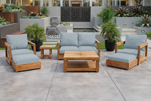 7 pc Chatsworth Teak Outdoor Loveseat Seating Set with Coffee Table. Sunbrella Cushion