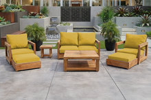 7 pc Chatsworth Teak Outdoor Loveseat Seating Set with Coffee Table. Sunbrella Cushion