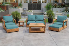 7 pc Chatsworth Teak Outdoor Loveseat Seating Set with Coffee Table. Sunbrella Cushion