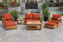 7 pc Chatsworth Teak Outdoor Loveseat Seating Set with Coffee Table. Sunbrella Cushion