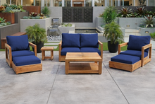 7 pc Chatsworth Teak Outdoor Loveseat Seating Set with Coffee Table. Sunbrella Cushion
