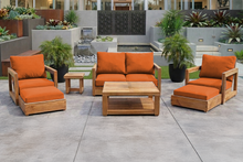 7 pc Chatsworth Teak Outdoor Loveseat Seating Set with Coffee Table. Sunbrella Cushion