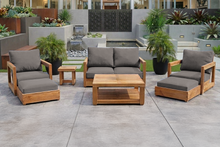 7 pc Chatsworth Teak Outdoor Loveseat Seating Set with Coffee Table. Sunbrella Cushion