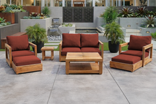 7 pc Chatsworth Teak Outdoor Loveseat Seating Set with Coffee Table. Sunbrella Cushion
