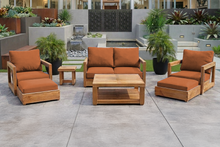7 pc Chatsworth Teak Outdoor Loveseat Seating Set with Coffee Table. Sunbrella Cushion