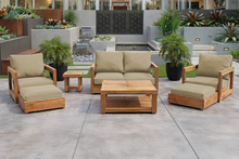 7 pc Chatsworth Teak Outdoor Loveseat Seating Set with Coffee Table. Sunbrella Cushion