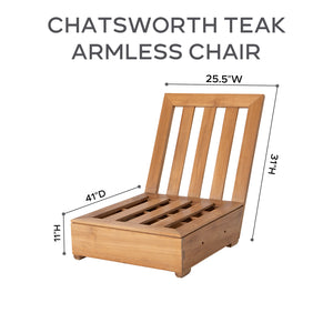 Chatsworth Teak Outdoor Armless Chair. Sunbrella Cushion