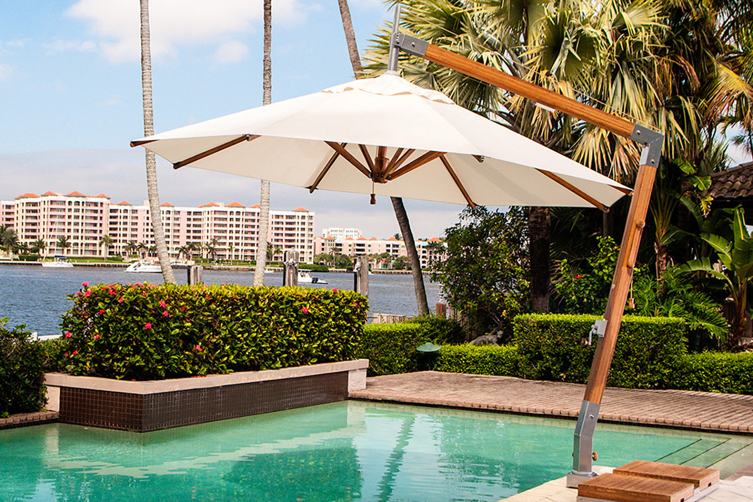 cantilever tilting patio umbrella Bambrella 11.5' Round Levante Side Wind Bamboo Crank Lift Manual Tilt – Willow Creek Designs