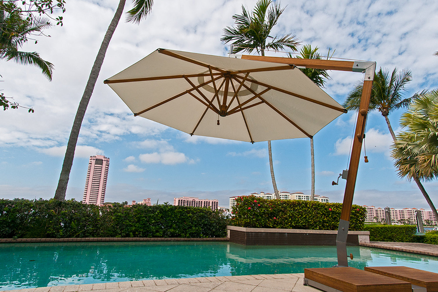 bambrella patio umbrella Bambrella 11.5' Round Levante Side Wind Bamboo Crank Lift Manual Tilt Cantilever Umbrella