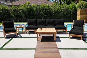 6 pc Huntington Teak Outdoor Deluxe Sofa Deep Seating Group with 36" Chat Table. Sunbrella Cushion
