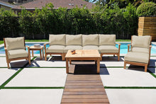 6 pc Huntington Teak Outdoor Deluxe Sofa Deep Seating Group with 36" Chat Table. Sunbrella Cushion