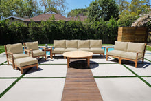 7 pc Huntington Teak Deep Seating Deluxe Sofa Set with 52" Chat Table. Sunbrella Cushion.