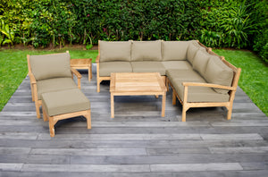 9 pc Huntington Teak Sectional Seating Group with 36" Chat Table. Sunbrella Cushion.