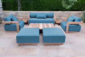 8 pc Hermosa Teak Deep Seating Loveseat 49" Coffee Table. Sunbrella Cushion