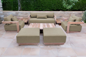 8 pc Hermosa Teak Deep Seating Loveseat 49" Coffee Table. Sunbrella Cushion