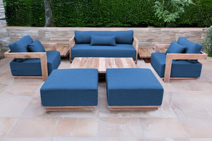 8 pc Hermosa Teak Deep Seating Loveseat 49" Coffee Table. Sunbrella Cushion