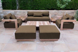 8 pc Hermosa Teak Deep Seating Loveseat 49" Coffee Table. Sunbrella Cushion