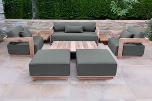 8 pc Hermosa Teak Deep Seating Loveseat 49" Coffee Table. Sunbrella Cushion