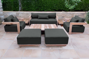 8 pc Hermosa Teak Deep Seating Loveseat 49" Coffee Table. Sunbrella Cushion