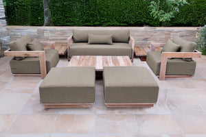 8 pc Hermosa Teak Deep Seating Loveseat 49" Coffee Table. Sunbrella Cushion