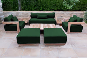 8 pc Hermosa Teak Deep Seating Loveseat 49" Coffee Table. Sunbrella Cushion