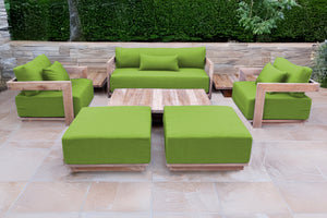 8 pc Hermosa Teak Deep Seating Loveseat 49" Coffee Table. Sunbrella Cushion