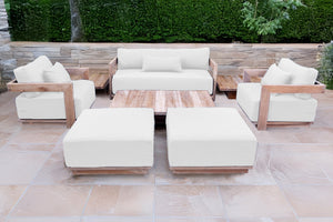 8 pc Hermosa Teak Deep Seating Loveseat 49" Coffee Table. Sunbrella Cushion