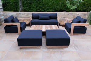 8 pc Hermosa Teak Deep Seating Loveseat 49" Coffee Table. Sunbrella Cushion