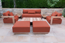 8 pc Hermosa Teak Deep Seating Loveseat 49" Coffee Table. Sunbrella Cushion