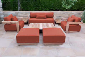 8 pc Hermosa Teak Deep Seating Loveseat 49" Coffee Table. Sunbrella Cushion