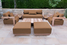 8 pc Hermosa Teak Deep Seating Loveseat 49" Coffee Table. Sunbrella Cushion