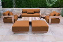 8 pc Hermosa Teak Deep Seating Loveseat 49" Coffee Table. Sunbrella Cushion