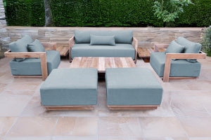 8 pc Hermosa Teak Deep Seating Loveseat 49" Coffee Table. Sunbrella Cushion