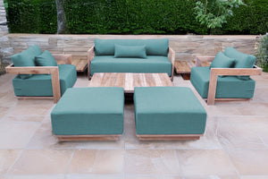 8 pc Hermosa Teak Deep Seating Loveseat 49" Coffee Table. Sunbrella Cushion