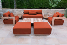 8 pc Hermosa Teak Deep Seating Loveseat 49" Coffee Table. Sunbrella Cushion