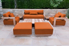 8 pc Hermosa Teak Deep Seating Loveseat 49" Coffee Table. Sunbrella Cushion