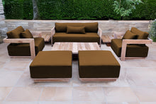 8 pc Hermosa Teak Deep Seating Loveseat 49" Coffee Table. Sunbrella Cushion