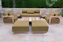 8 pc Hermosa Teak Deep Seating Loveseat 49" Coffee Table. Sunbrella Cushion