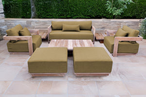 8 pc Hermosa Teak Deep Seating Loveseat 49" Coffee Table. Sunbrella Cushion