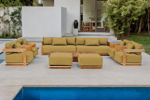 10 pc Hermosa Teak Deep Seating Deluxe Sofa with 72" Coffee Table. Sunbrella Cushion