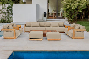 10 pc Hermosa Teak Deep Seating Deluxe Sofa with 72" Coffee Table. Sunbrella Cushion