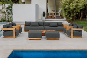 10 pc Hermosa Teak Deep Seating Deluxe Sofa with 72" Coffee Table. Sunbrella Cushion