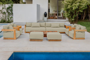 10 pc Hermosa Teak Deep Seating Deluxe Sofa with 72" Coffee Table. Sunbrella Cushion