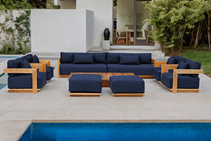 10 pc Hermosa Teak Deep Seating Deluxe Sofa with 72" Coffee Table. Sunbrella Cushion