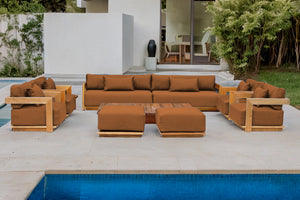 10 pc Hermosa Teak Deep Seating Deluxe Sofa with 72" Coffee Table. Sunbrella Cushion