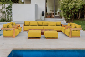 10 pc Hermosa Teak Deep Seating Deluxe Sofa with 72" Coffee Table. Sunbrella Cushion