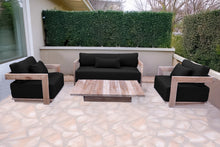 4 pc Hermosa Teak Deep Seating Loveseat 49" Coffee Table. Sunbrella Cushion