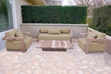 4 pc Hermosa Teak Deep Seating Loveseat 49" Coffee Table. Sunbrella Cushion